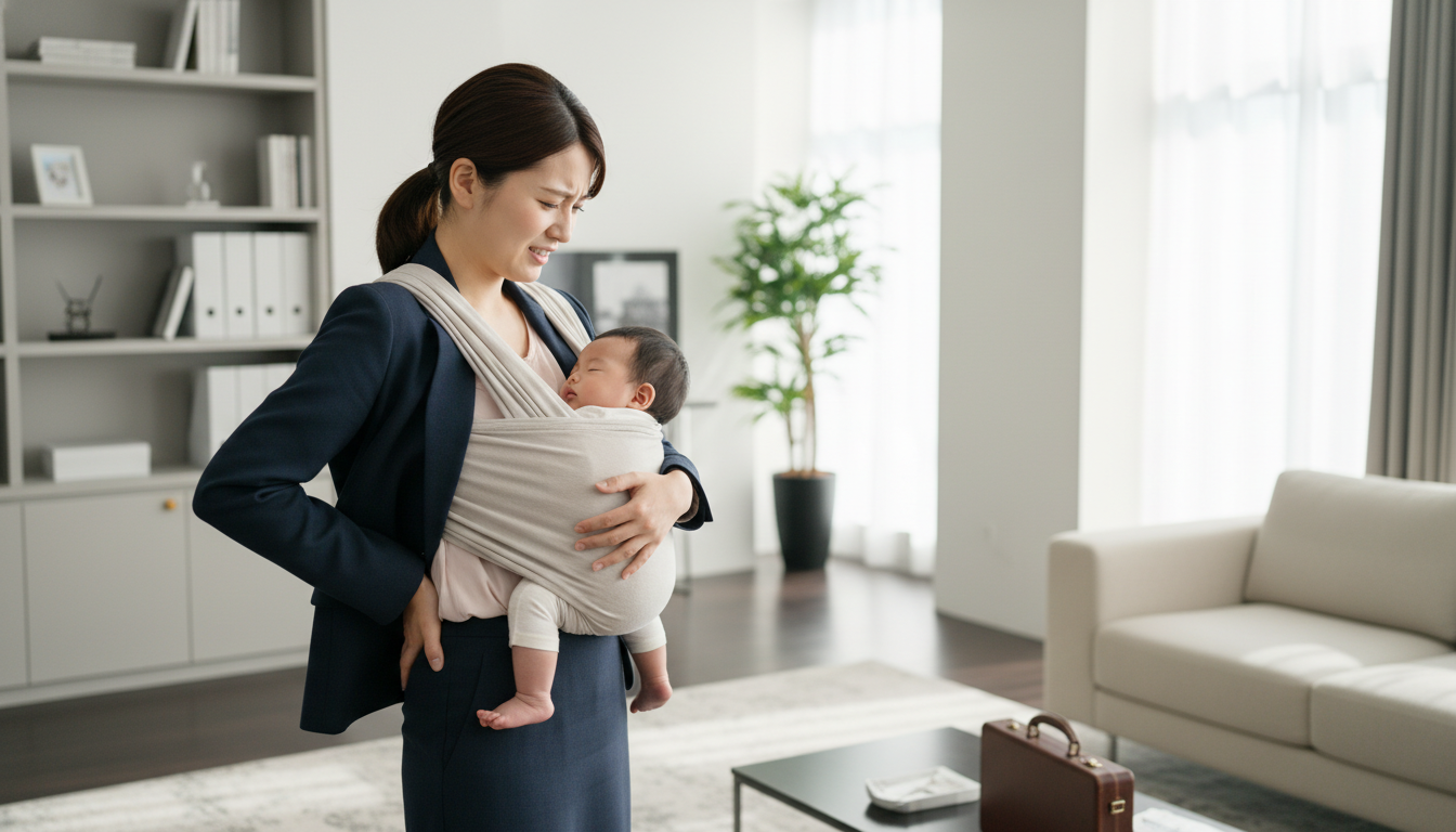 赤ちゃんを抱っこして腰を痛める産後ママ
