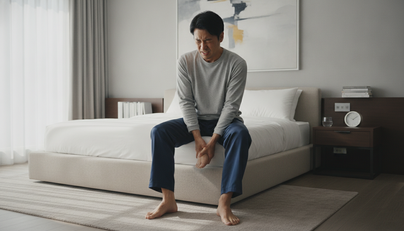 朝、踵の痛みに顔をしかめる人物